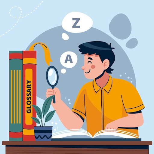 A student using reflective learning techniques with a magnifying glass and glossary, promoting deeper understanding and analytical thinking in middle school.